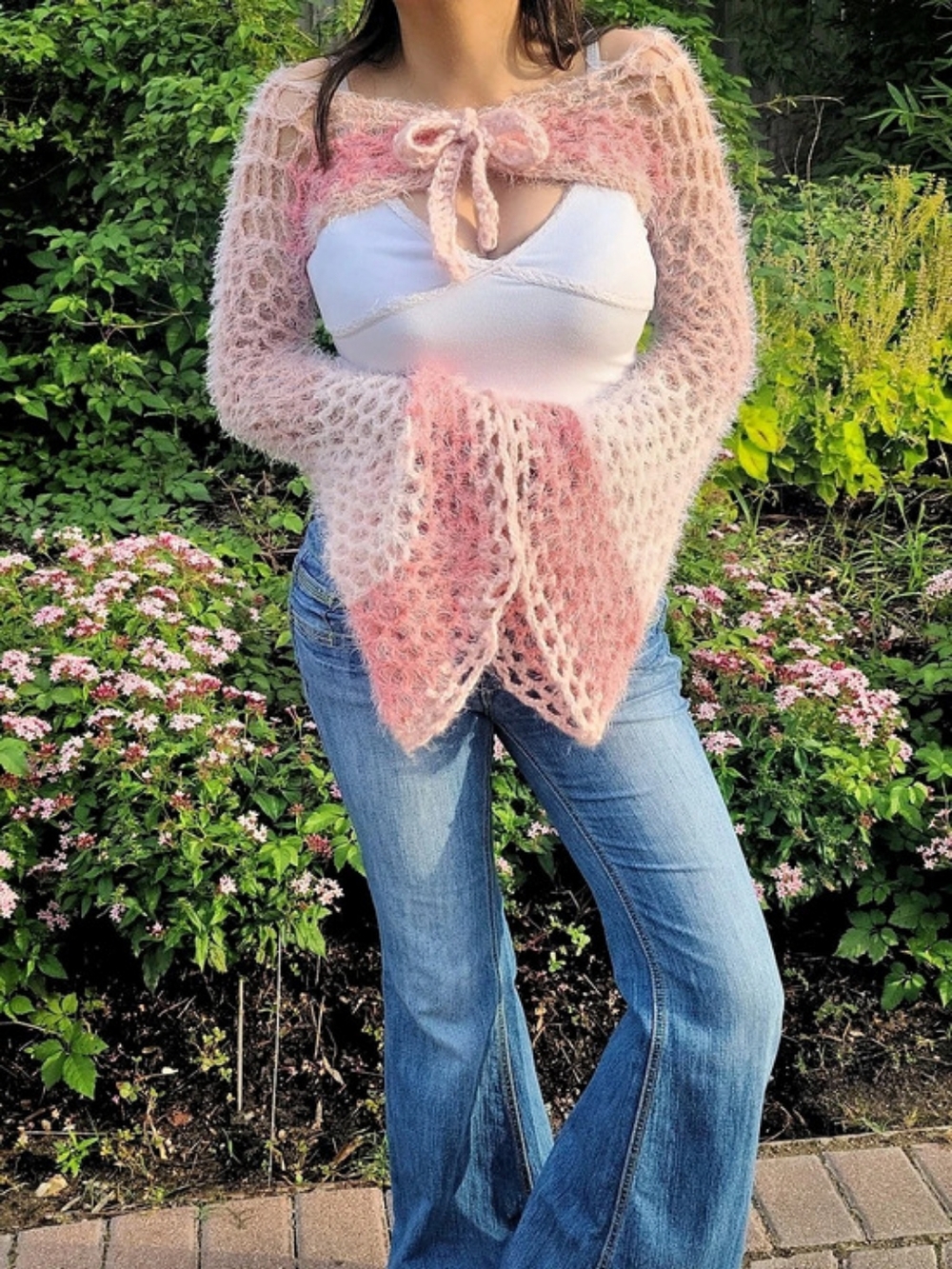 Handmade Crochet Bolero Shrug Bell Sleeve Pink Y2K Crop Top